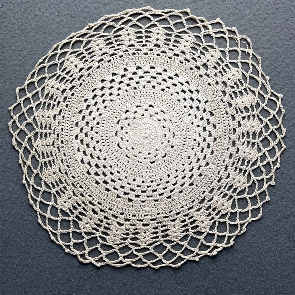 Vintage Handmade Cotton Crochet Doily Cream Beige 13 Inch Round Cottagecore Lace